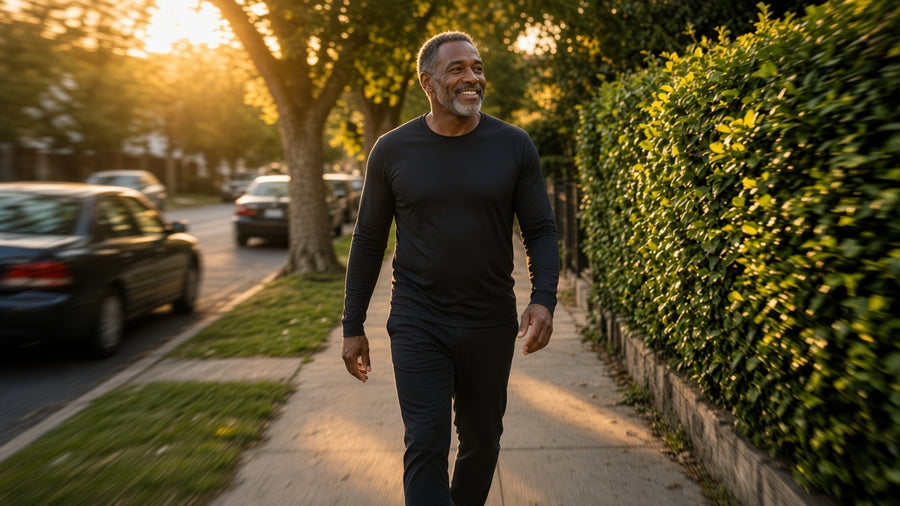 A man walking a bright path at golden hour, background in motion