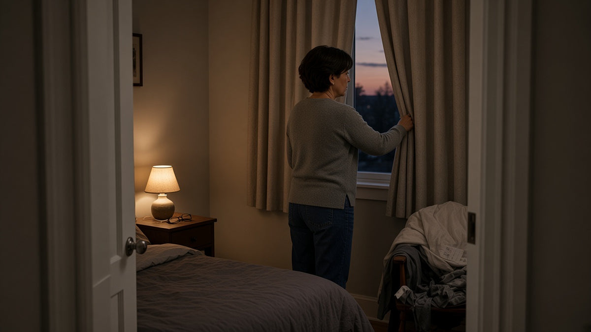 A woman closing beige curtains in a lamp-lit bedroom at dusk