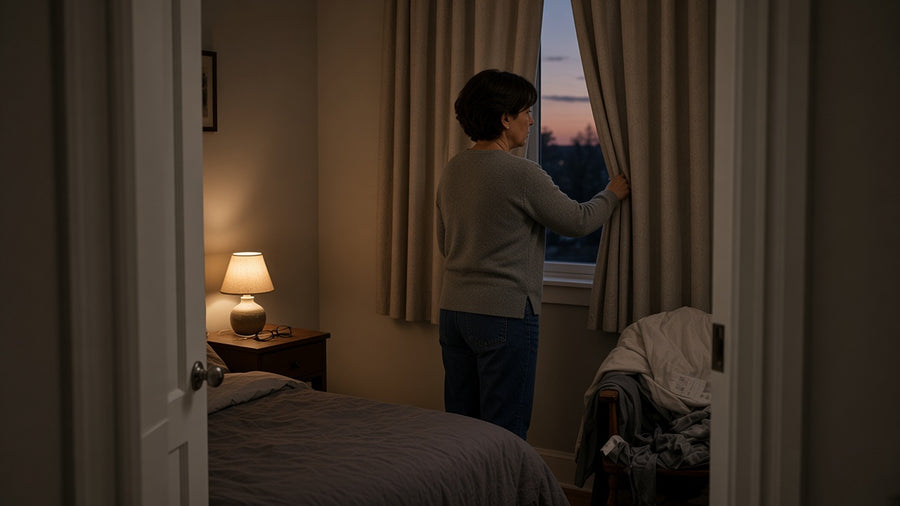 A woman closing beige curtains in a lamp-lit bedroom at dusk