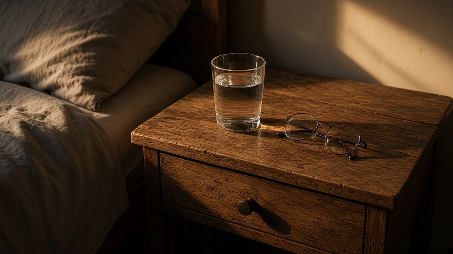 A glass of water and reading glasses on a nightstand in lamp light