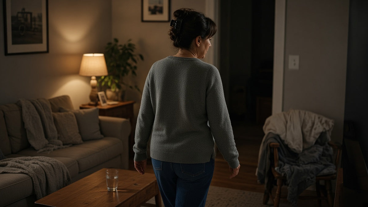 A glass of water on a table, a woman walking toward a dark doorway