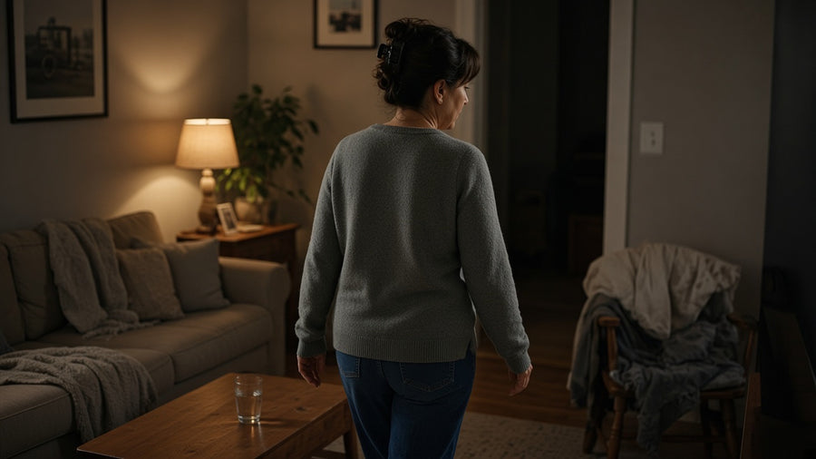 A glass of water on a table, a woman walking toward a dark doorway
