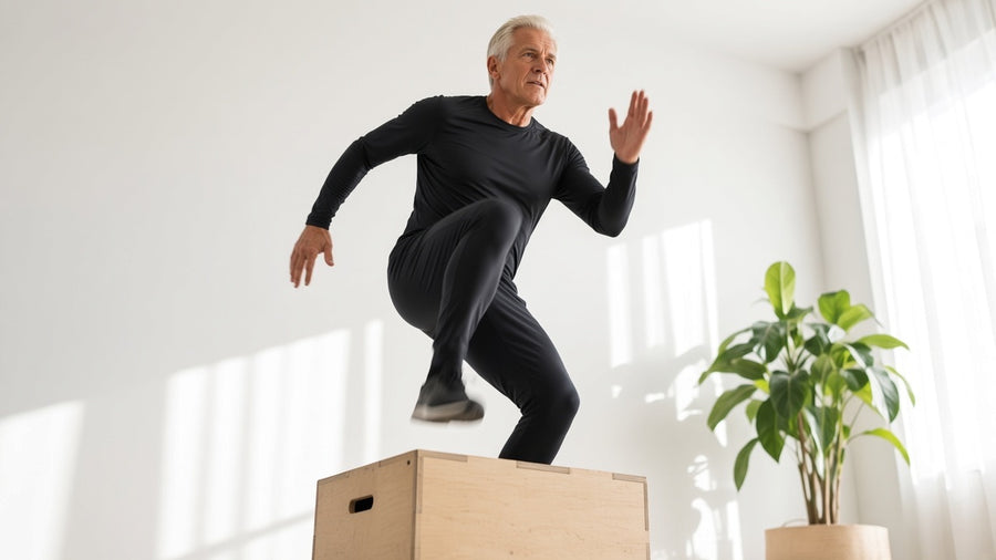 A man stepping onto a wooden box in a bright spare room