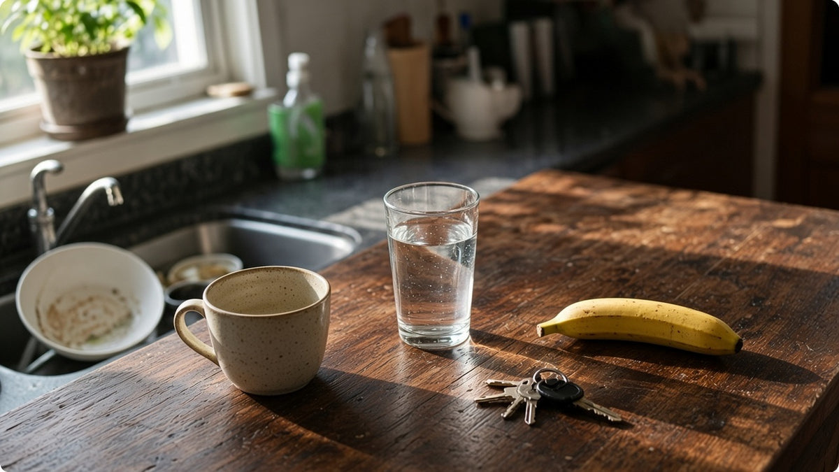 An empty coffee cup and a glass of water on a worn kitchen table