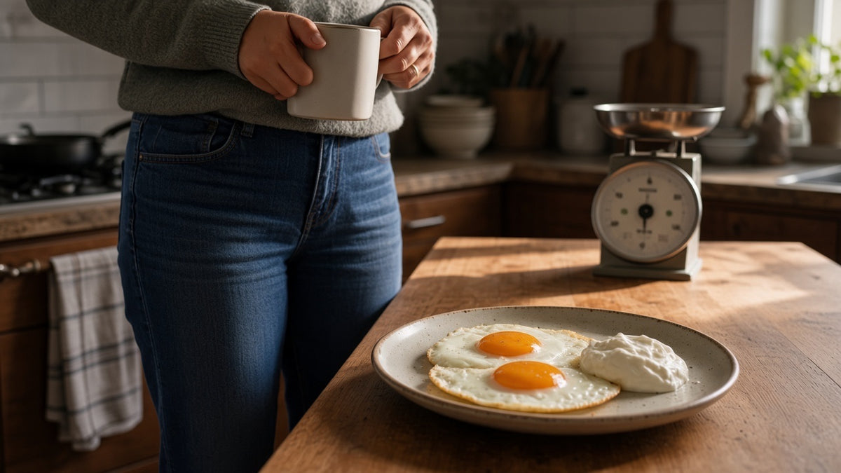 A person holding a mug beside eggs, yoghurt and a kitchen scale
