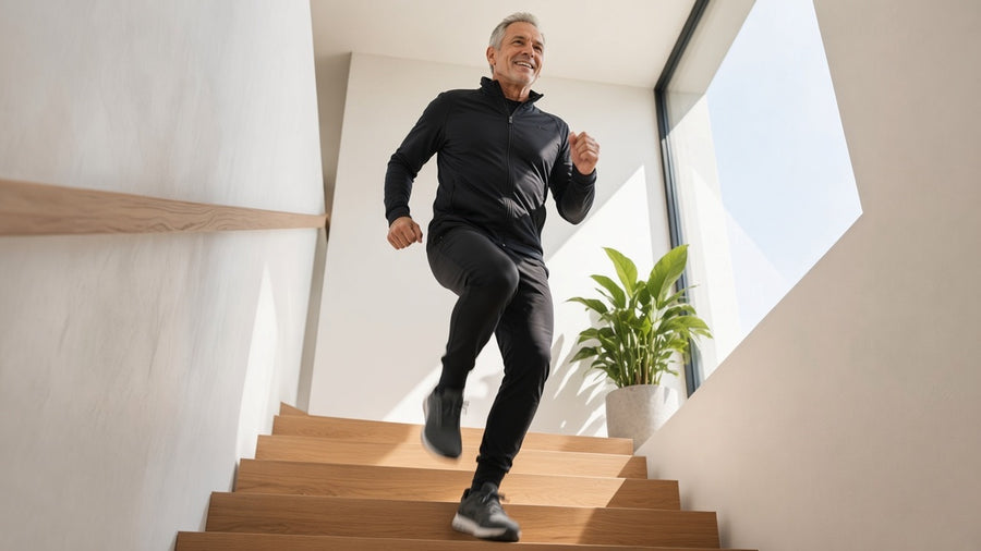 A man in his 60s climbing a modern oak stair, camera looking up