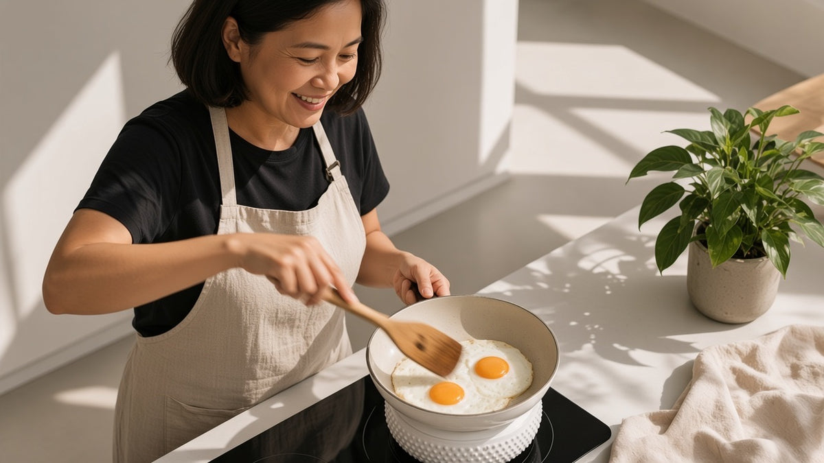 A woman cooking eggs at a white hob in hard morning light