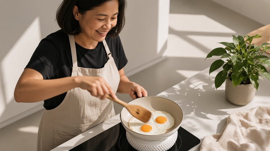 A woman cooking eggs at a white hob in hard morning light