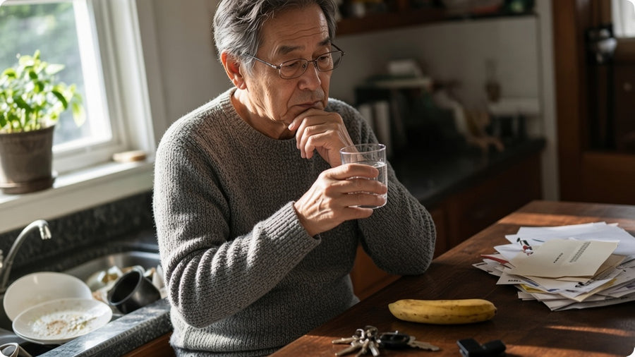 An older man at a kitchen table in morning light with a glass of water