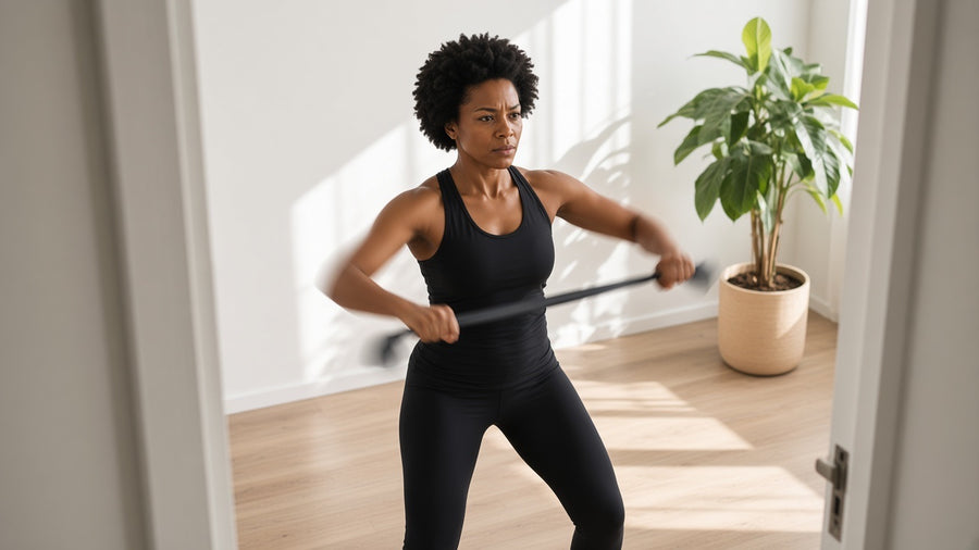 A woman pulling a resistance band in a bright spare room