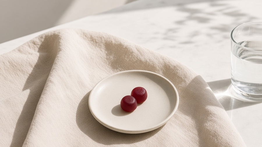 Two unbranded dark gummies on a small plate beside a glass of water