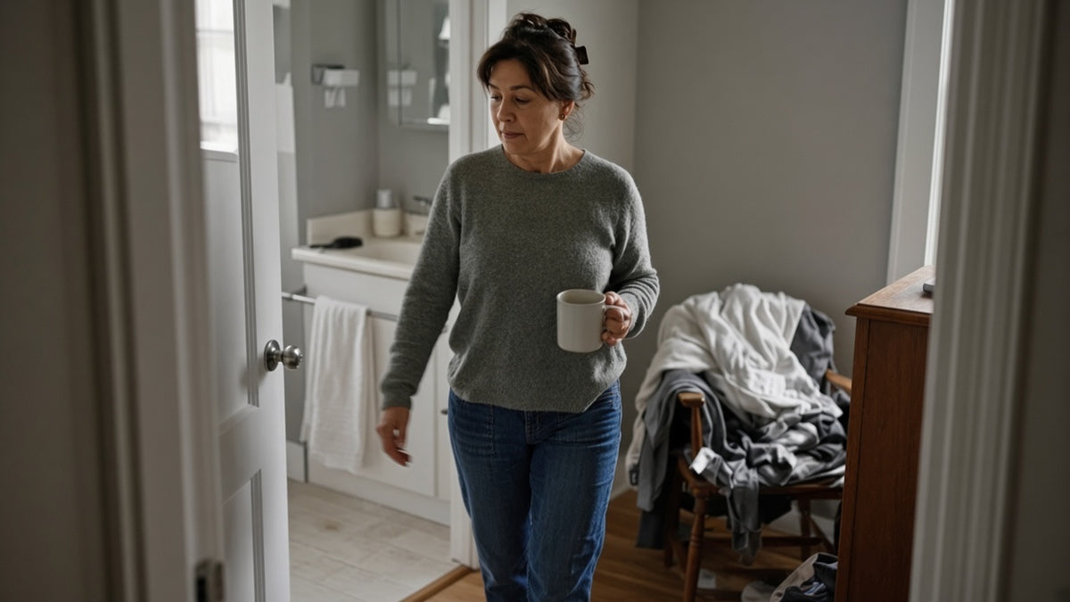 A woman walking through a doorway with a mug, clothes on a chair