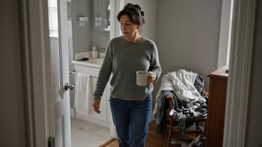 A woman walking through a doorway with a mug, clothes on a chair