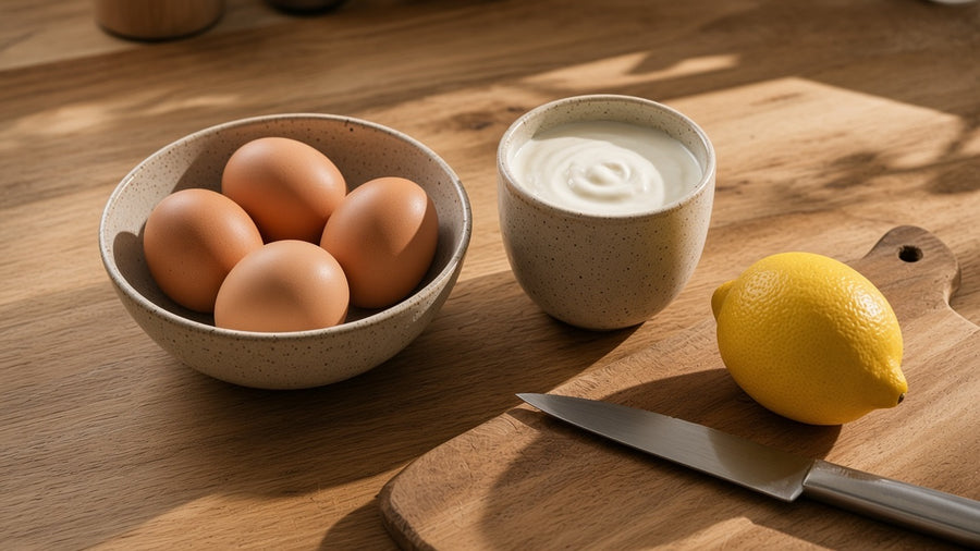 Eggs, yoghurt and a cutting board on a sunlit kitchen counter