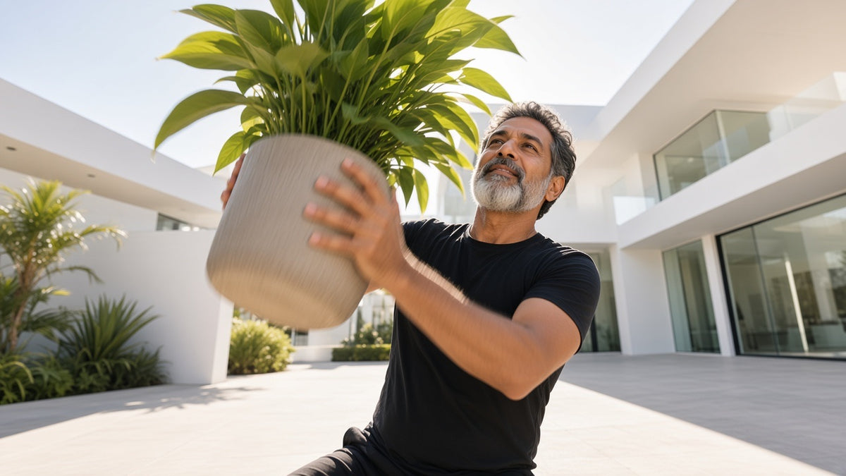A man lifting a potted plant from a sunlit driveway