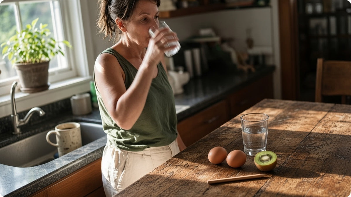 Water, eggs, kiwi and a pencil on a worn oak kitchen table