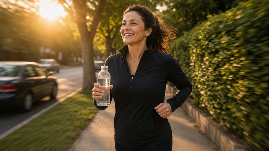 A woman walking a bright path with a water bottle