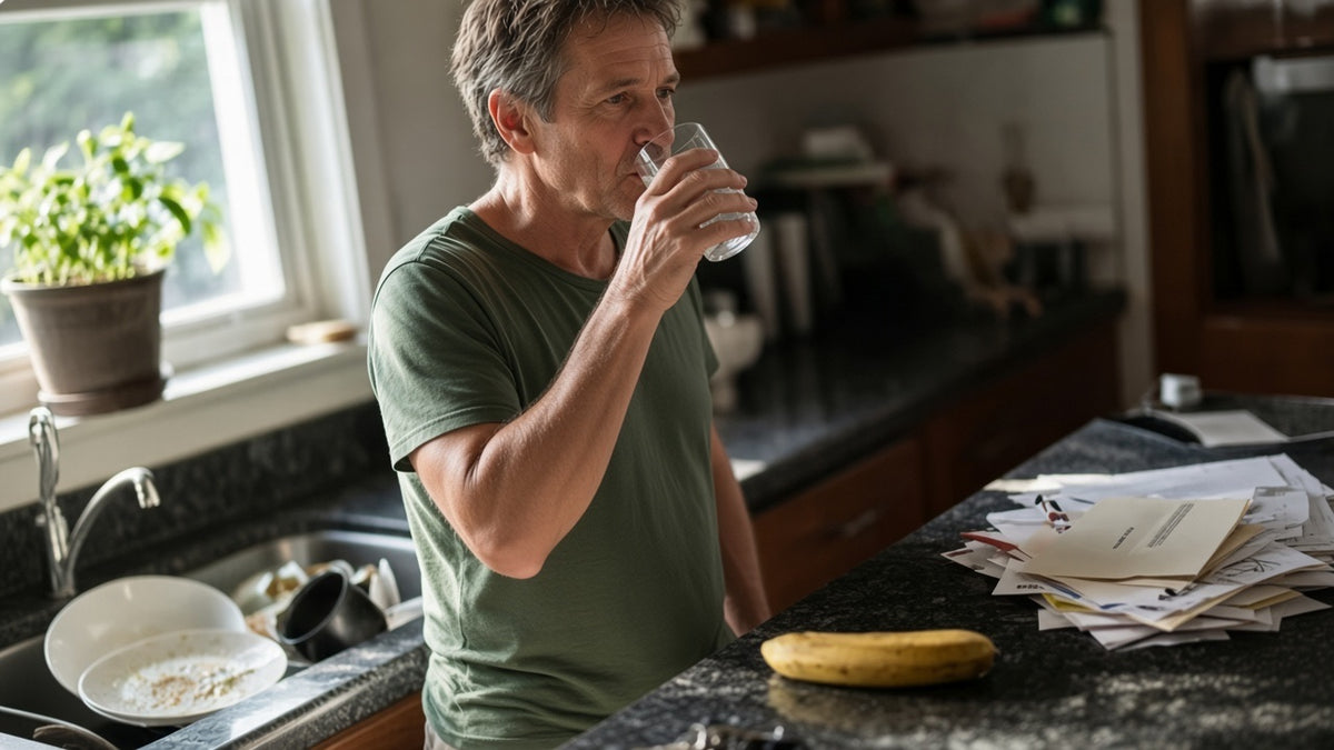 A man drinking water at a dark kitchen island, ordinary clutter