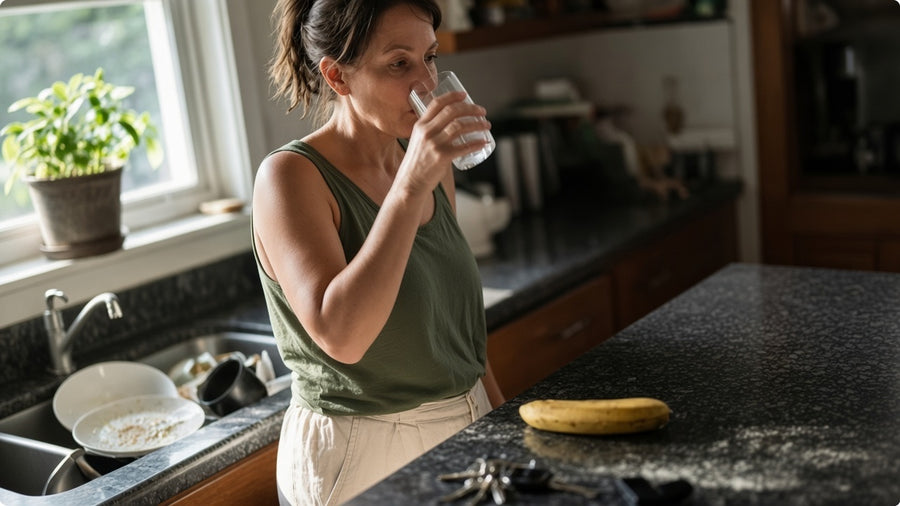 A woman drinking water at a lived-in kitchen island with a banana and keys