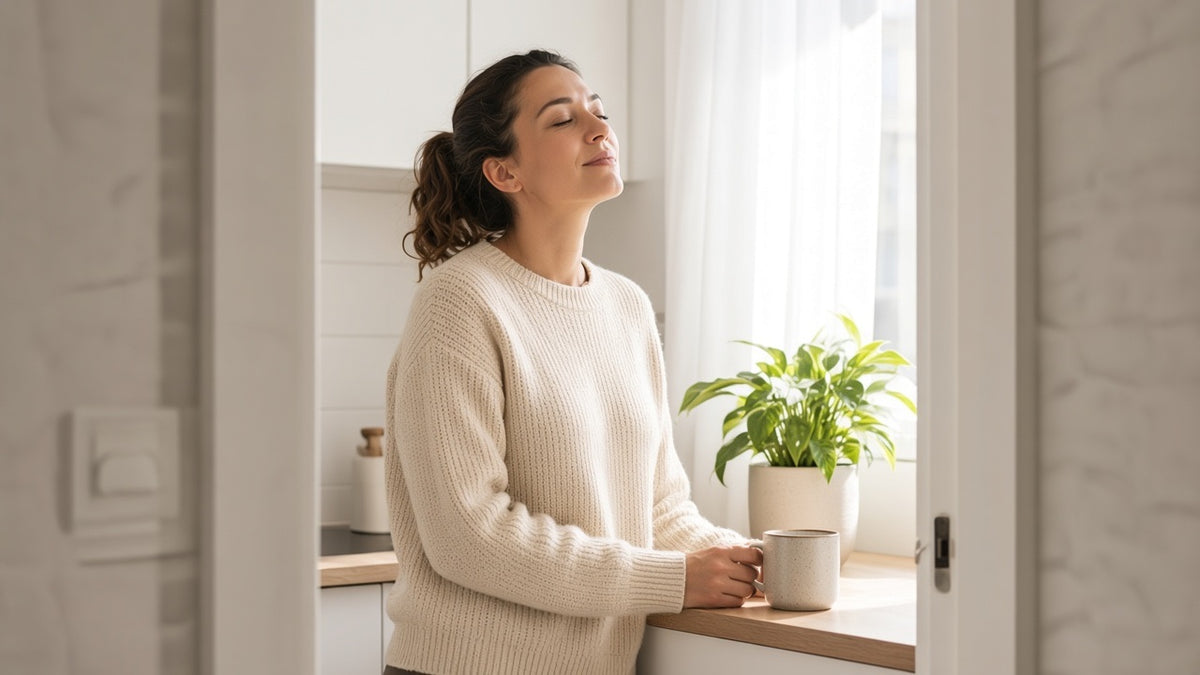 A woman about 47 at a small apartment kitchen counter with a mug