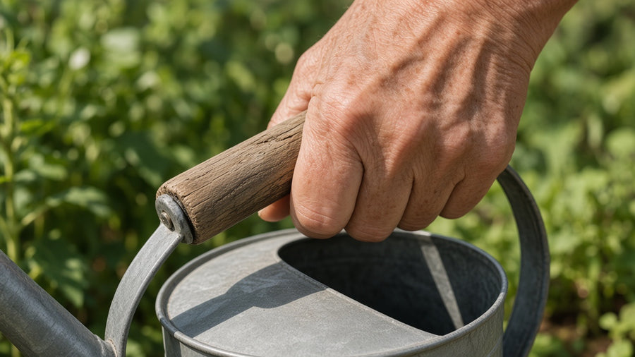 An older hand gripping the handle of a heavy watering can