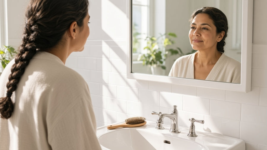 A woman at a bright bathroom sink with a wooden hairbrush