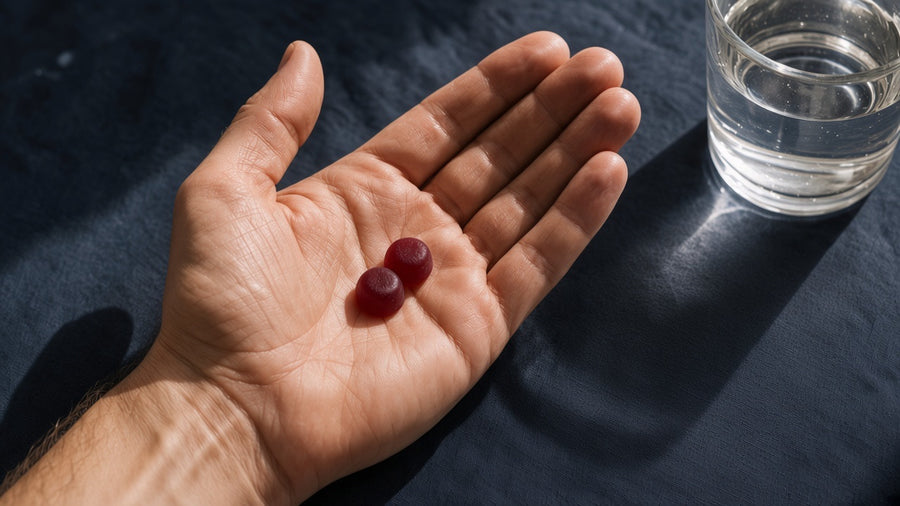 Two unbranded dark gummies in an open palm beside a glass of water