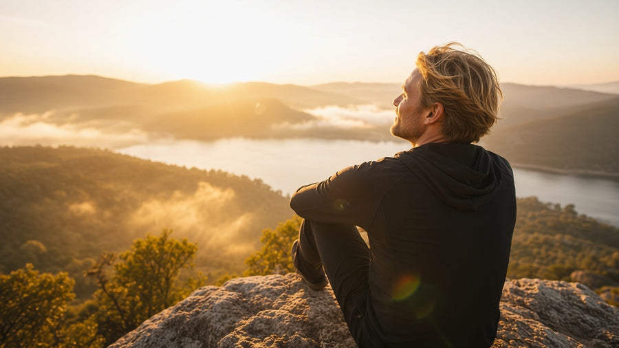 A man sitting on a pale rock at sunrise looking at a lake