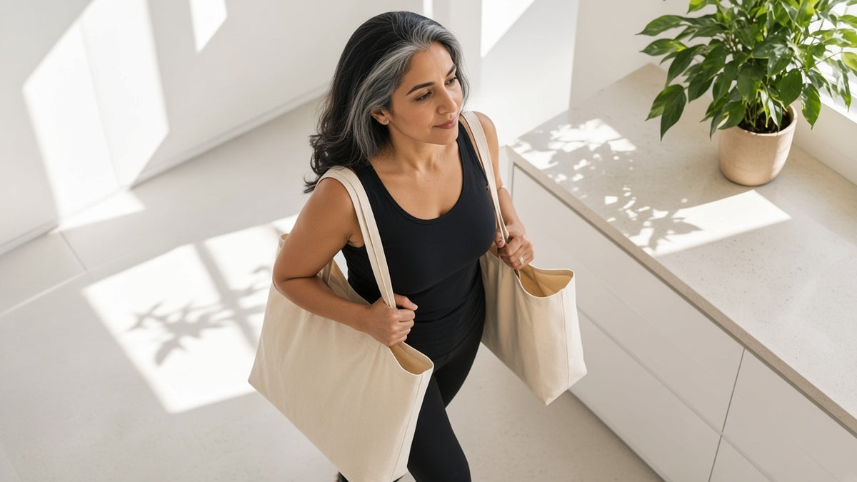 A woman carrying grocery totes into a bright white kitchen