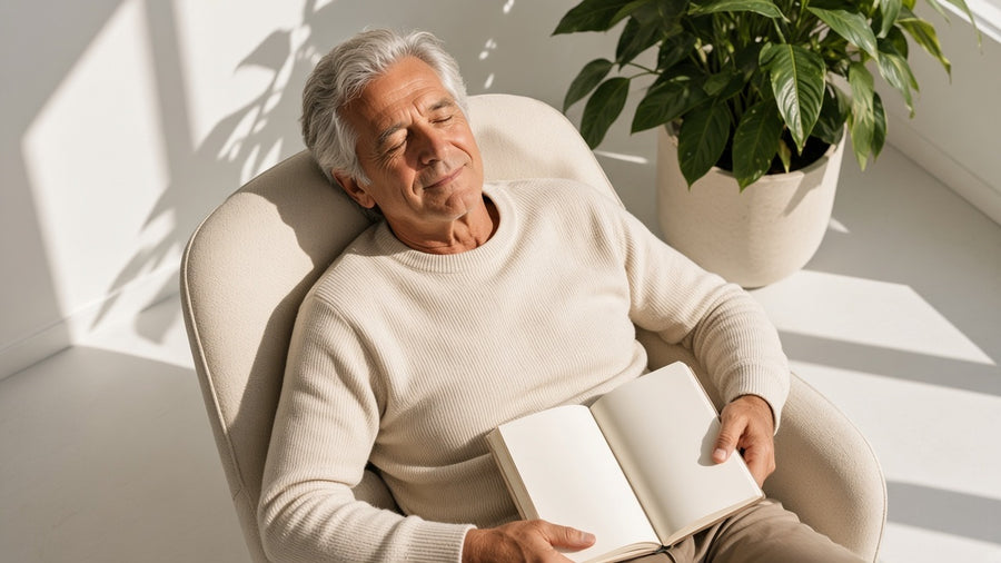 A man asleep in a cream armchair with a book in his lap