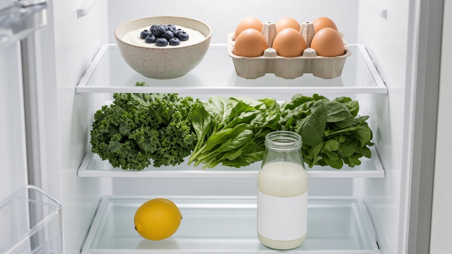An open fridge with yoghurt, eggs and greens