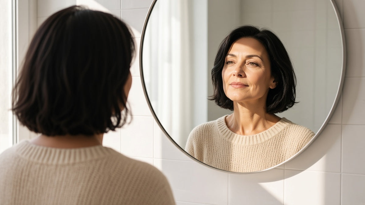 A woman seen in a bathroom mirror in hard window sun