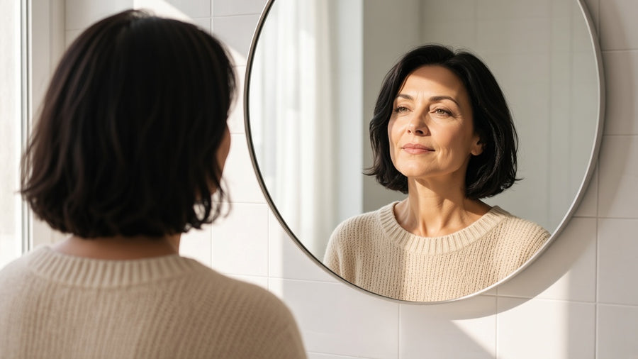 A woman seen in a bathroom mirror in hard window sun