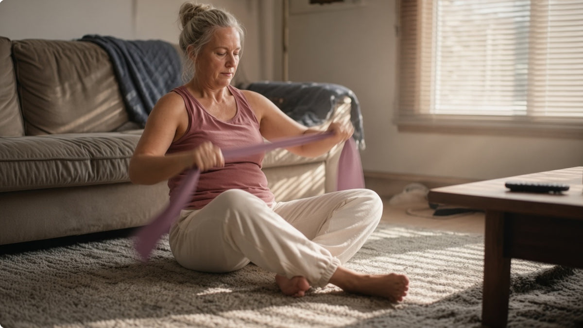 A woman stretching a resistance band on a living-room rug in window light