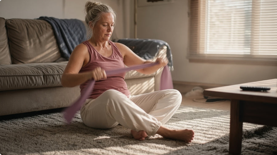 A woman stretching a resistance band on a living-room rug in window light