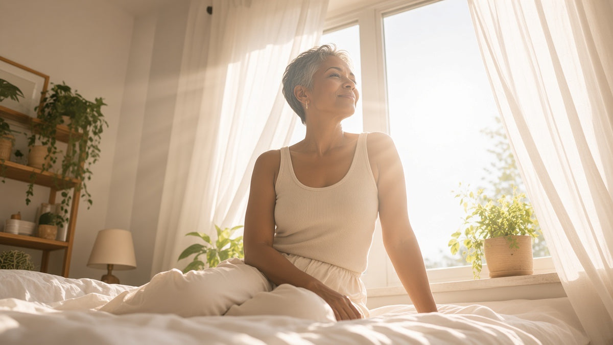 A woman sitting on the edge of a white bed at dawn