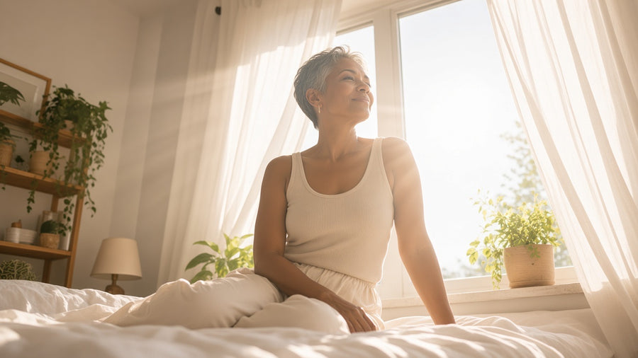 A woman sitting on the edge of a white bed at dawn
