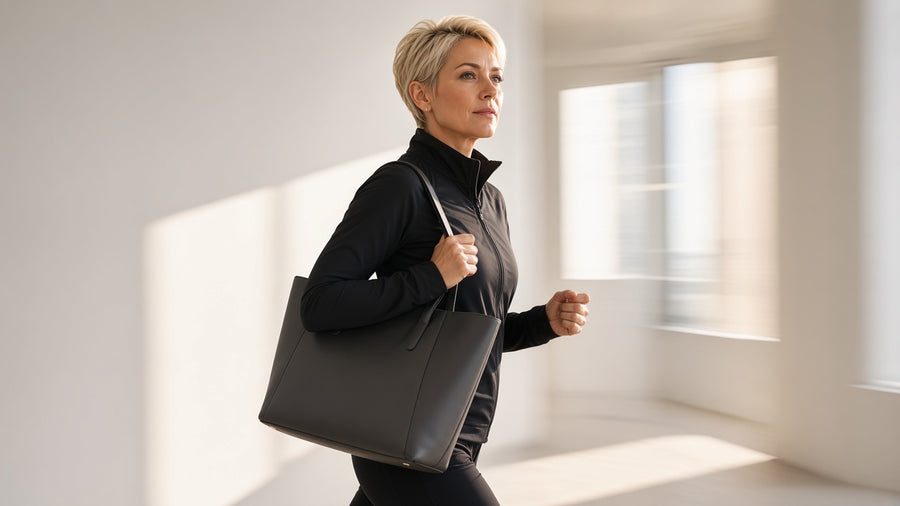 A woman crossing a bright hallway at first light, mid-stride