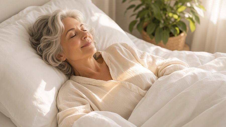 A woman lying awake in a bright white bed at dawn
