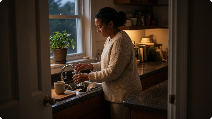 A woman filling a glass at a real kitchen sink at dusk
