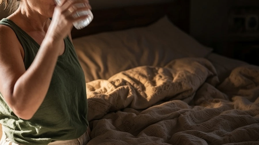 A woman drinking water beside a rumpled bed at night