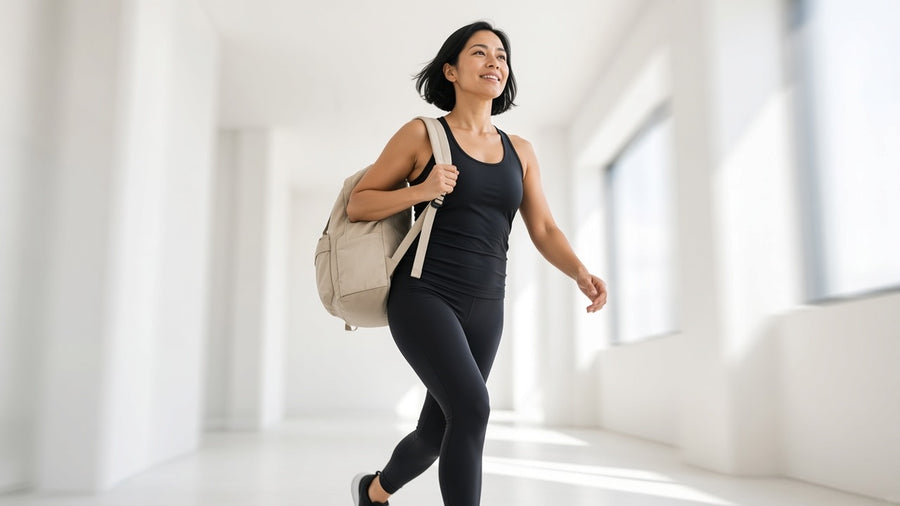 A woman carrying a backpack as a weight down a hallway