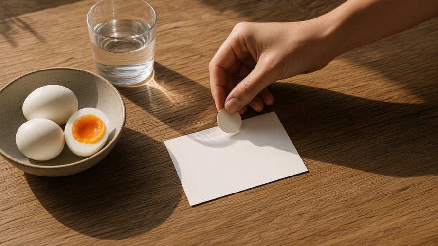 A hand placing a sticker on a blank card beside water and eggs