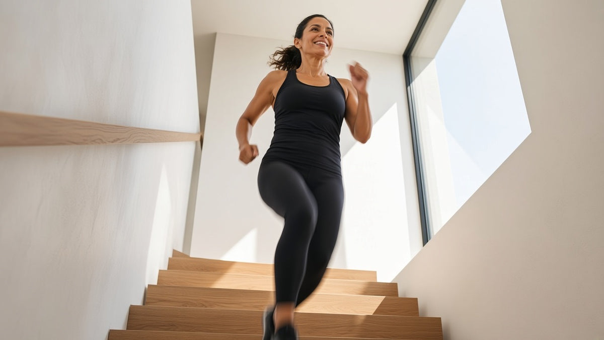 A woman walking a modern oak stairwell, camera looking up