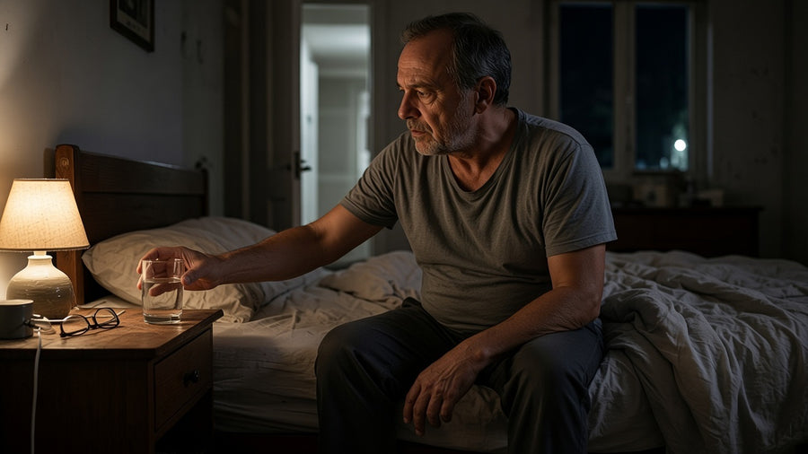 A man sitting on the edge of the bed at night reaching for a glass of water