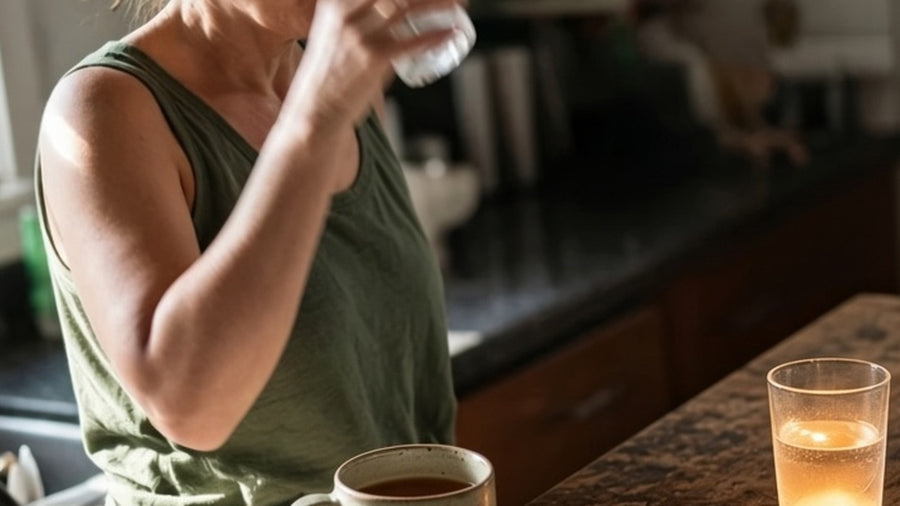 A mug of tea and a glass of water on a kitchen counter