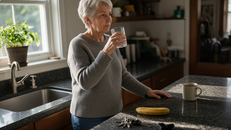 A woman in her 60s at a kitchen island with a glass of water, looking out the window