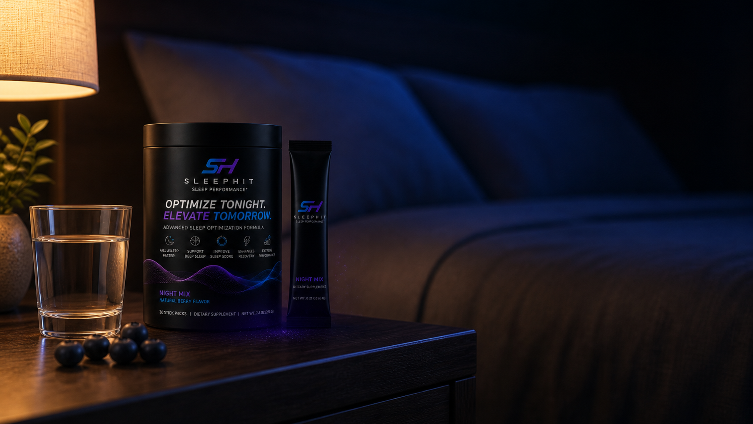 Nightly sleep performance — the 4-step SleepHit routine: mix 1 stick, take 30–60 minutes before bed, overnight support, wake ready.