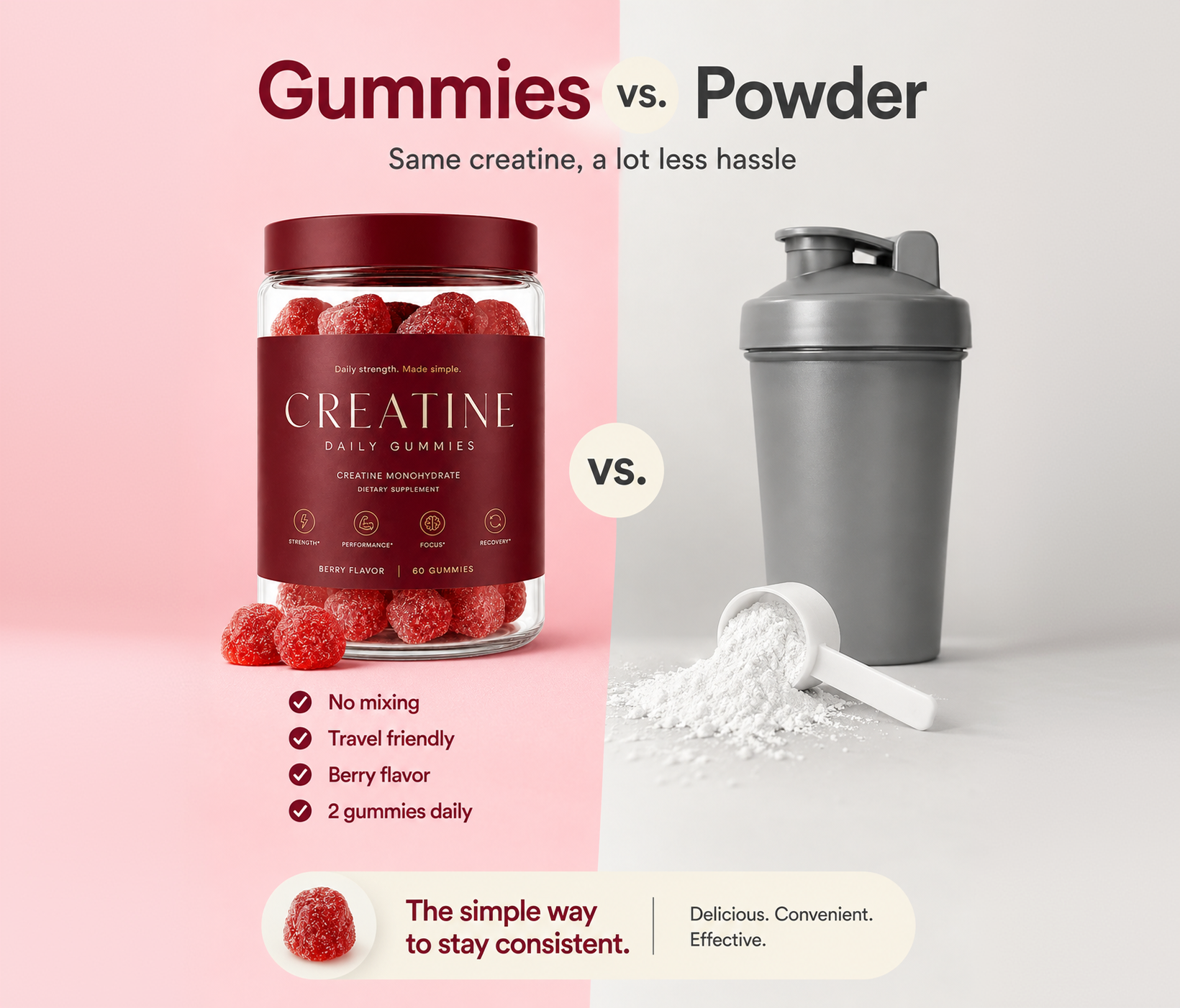 Gummies vs. Powder — same creatine, a lot less hassle. Gummies mean no mixing, travel friendly, berry flavor and 2 gummies daily. The simple way to stay consistent: delicious, convenient, effective.